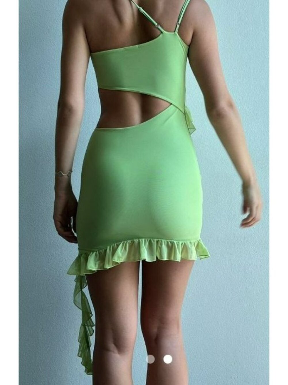 Oh Polly Cutout Dress Ruffled Asymmetric Mini Size US 6 UK 10 Green - Picture 15 of 15
